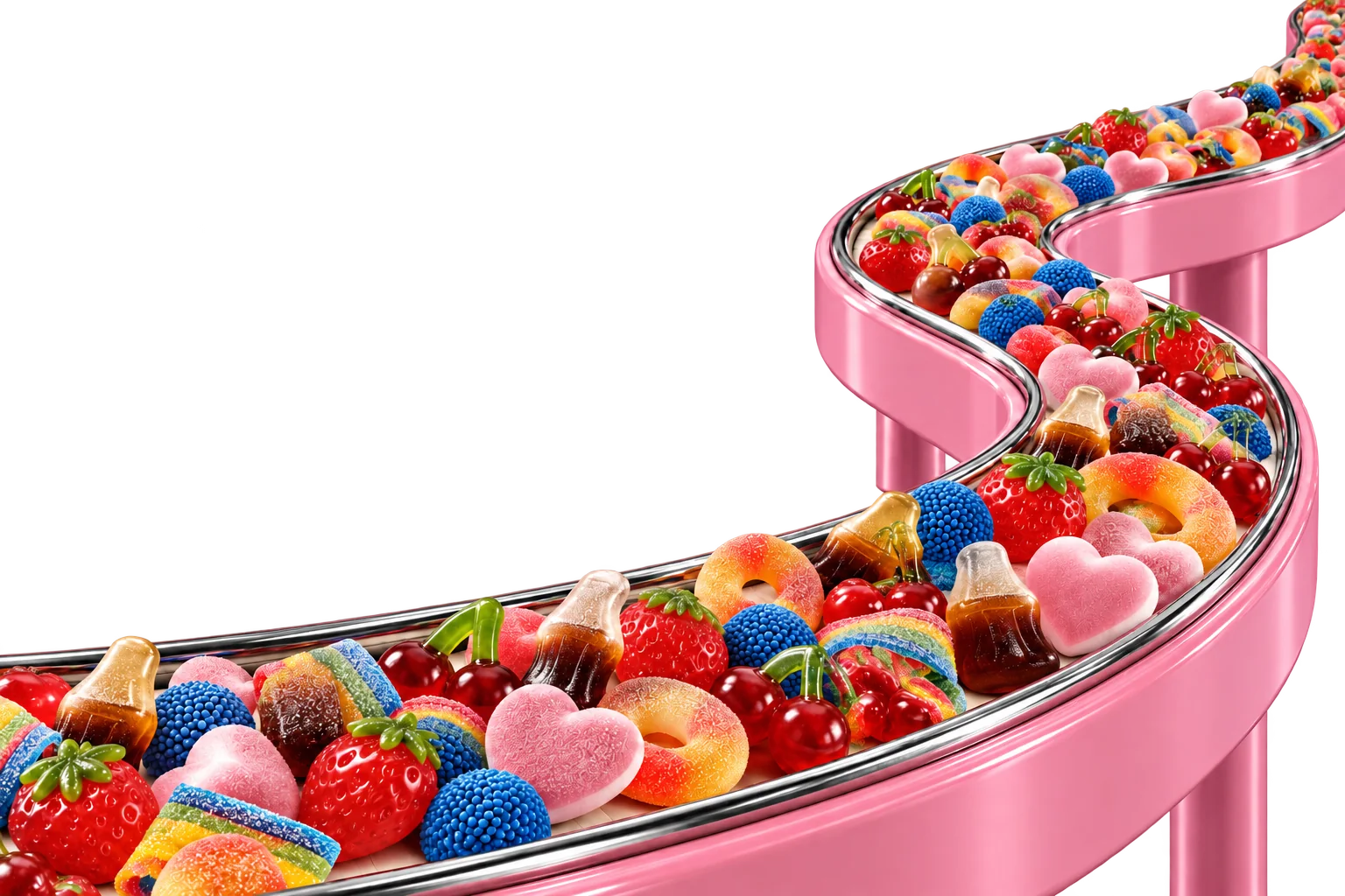 A raised pink and chrome conveyor filled with colourful pick and mix sweets